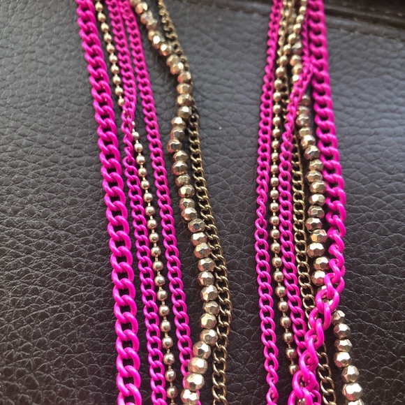 Multi strand pink chain brass sparkle bead necklace - Picture 6 of 6
